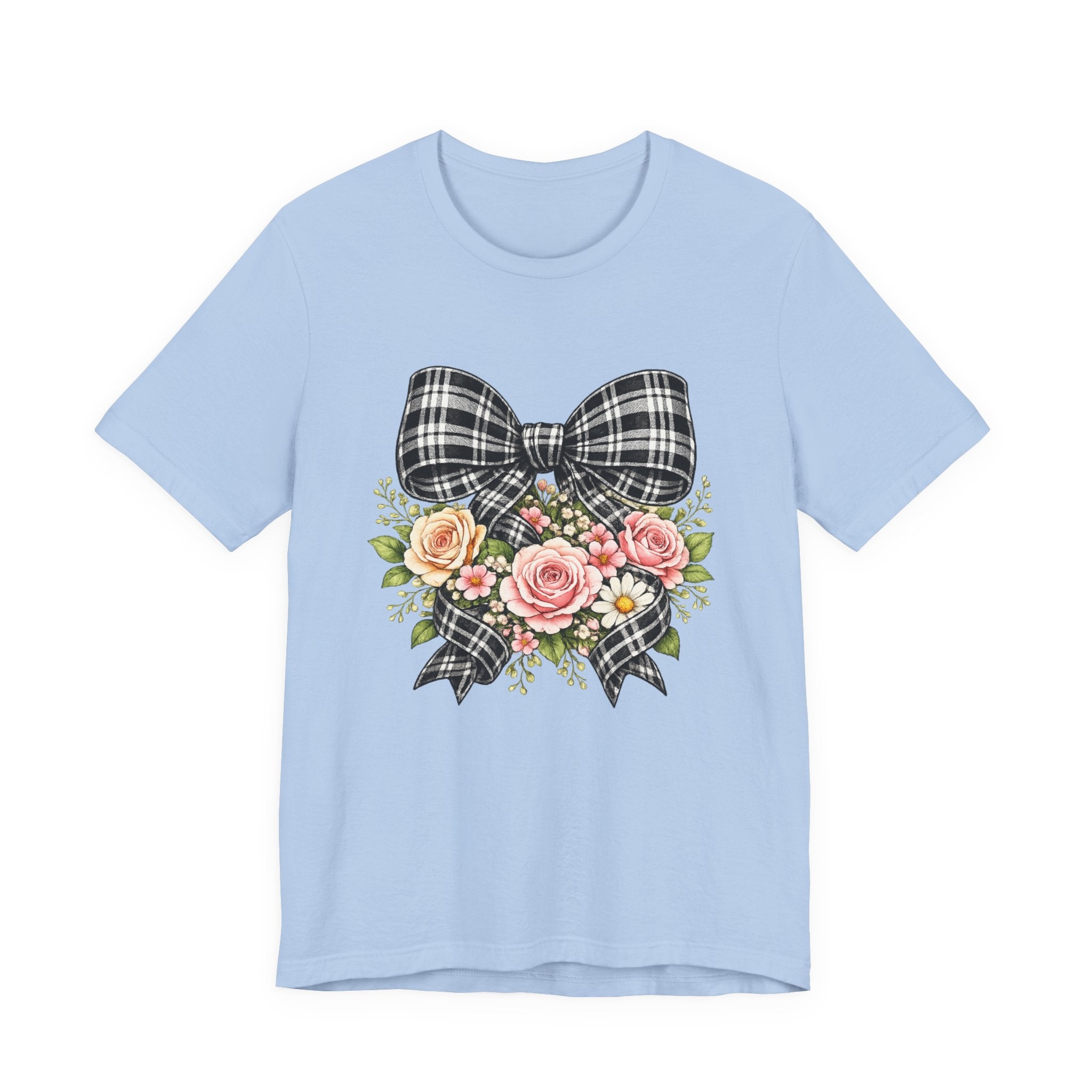 Floral Plaid Bow T‑Shirt — Vintage Rose Bouquet Graphic Tee