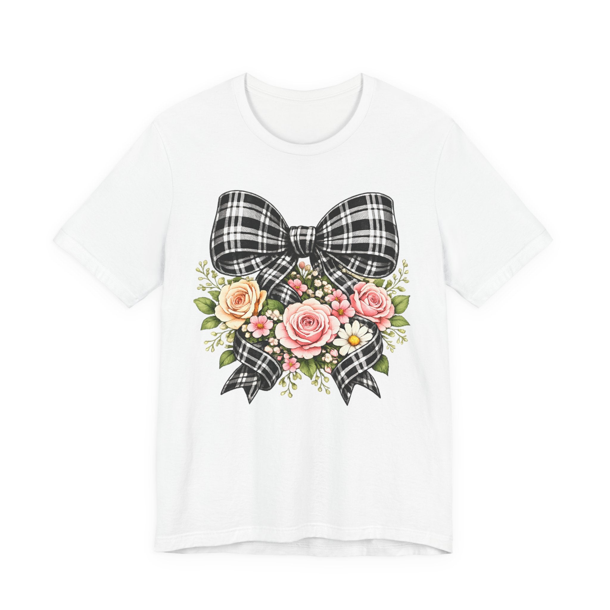 Floral Plaid Bow T‑Shirt — Vintage Rose Bouquet Graphic Tee