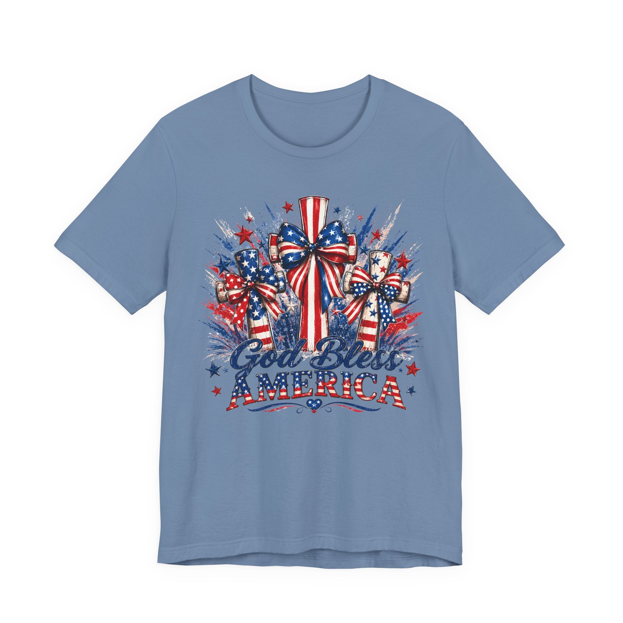 God Bless America T-Shirt — Patriotic 4th of July Tee with Flag Bow Design