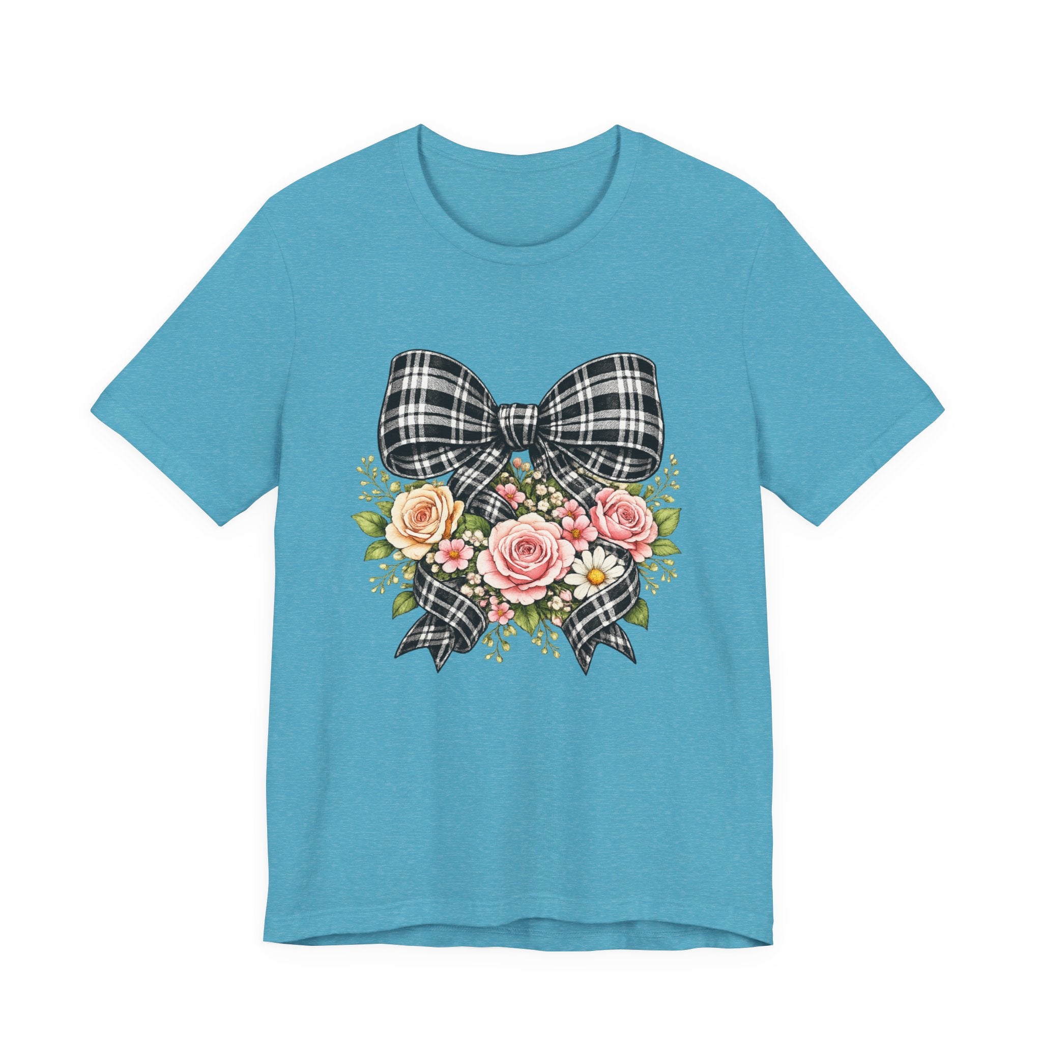 Floral Plaid Bow T‑Shirt — Vintage Rose Bouquet Graphic Tee