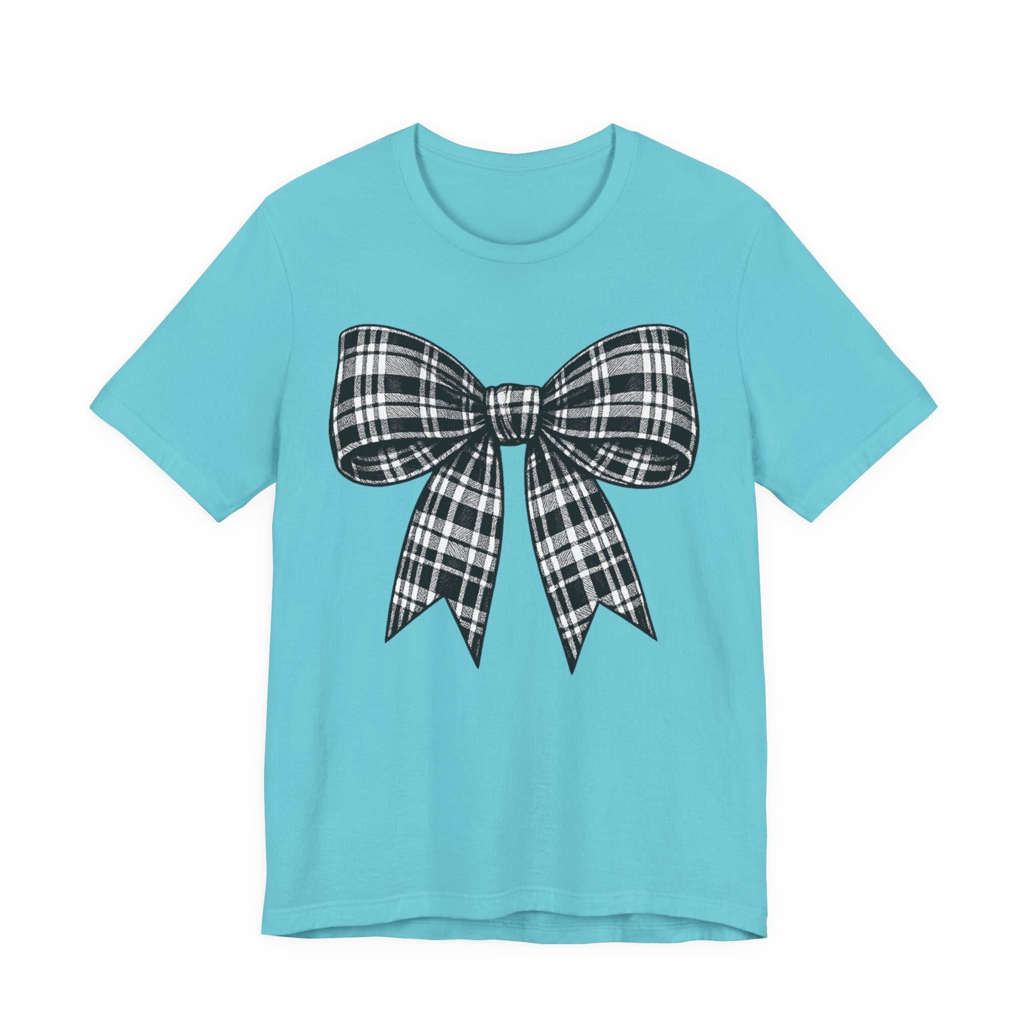 Plaid Bow Graphic Tee — Vintage Black & White Ribbon T-Shirt