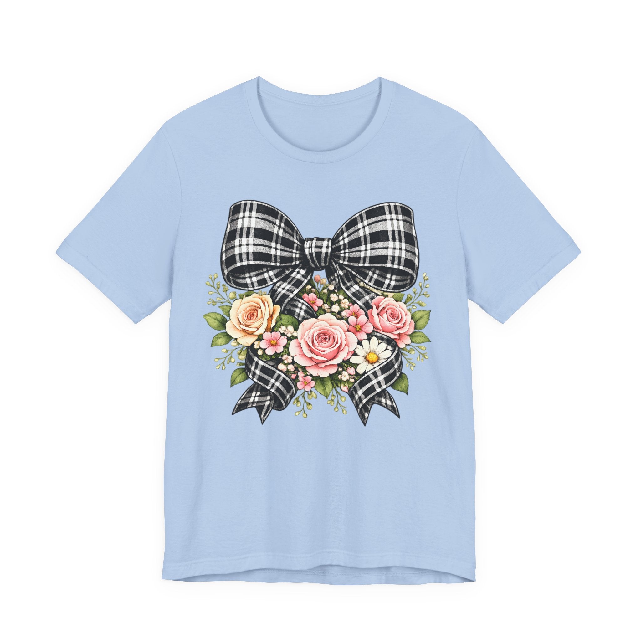 Floral Plaid Bow T‑Shirt — Vintage Rose Bouquet Graphic Tee