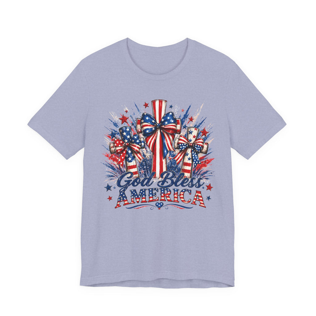 God Bless America T-Shirt — Patriotic 4th of July Tee with Flag Bow Design