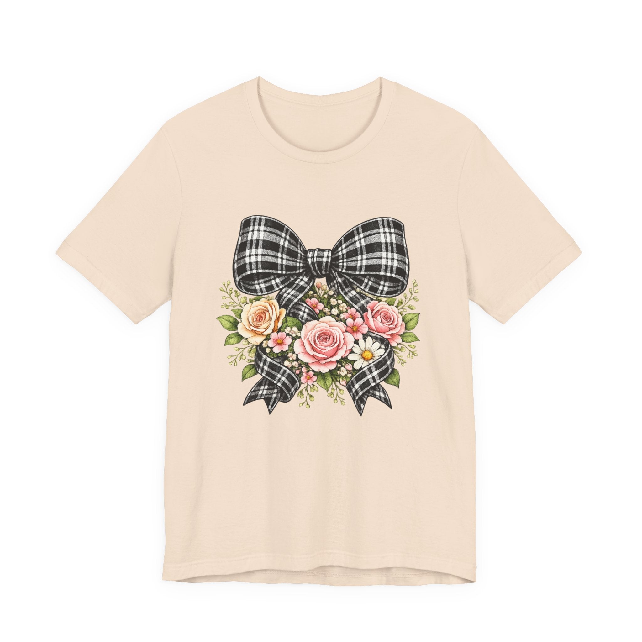 Floral Plaid Bow T‑Shirt — Vintage Rose Bouquet Graphic Tee