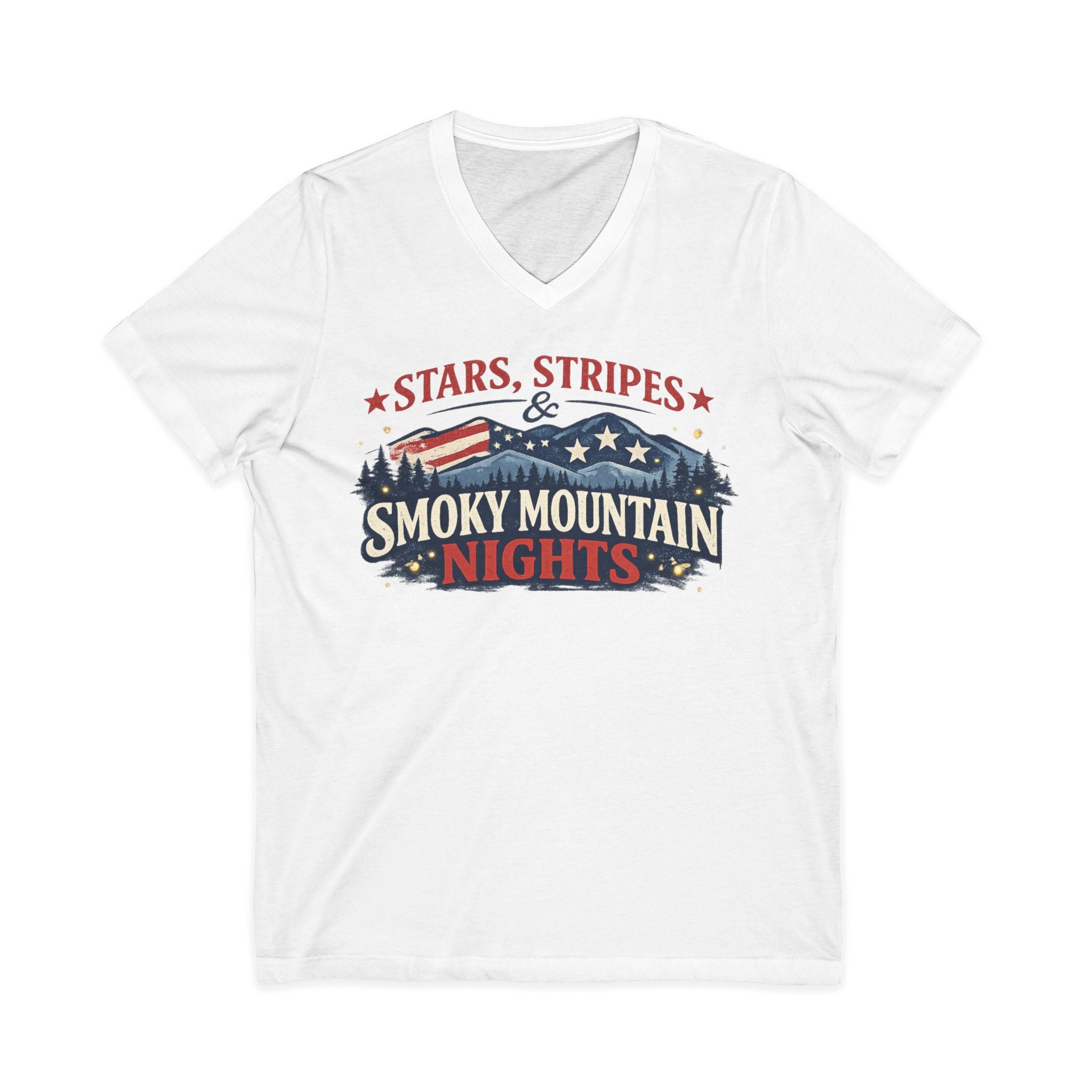 Smoky Mountain Nights V-Neck Tee — Stars, Stripes & Smoky Mountain Design