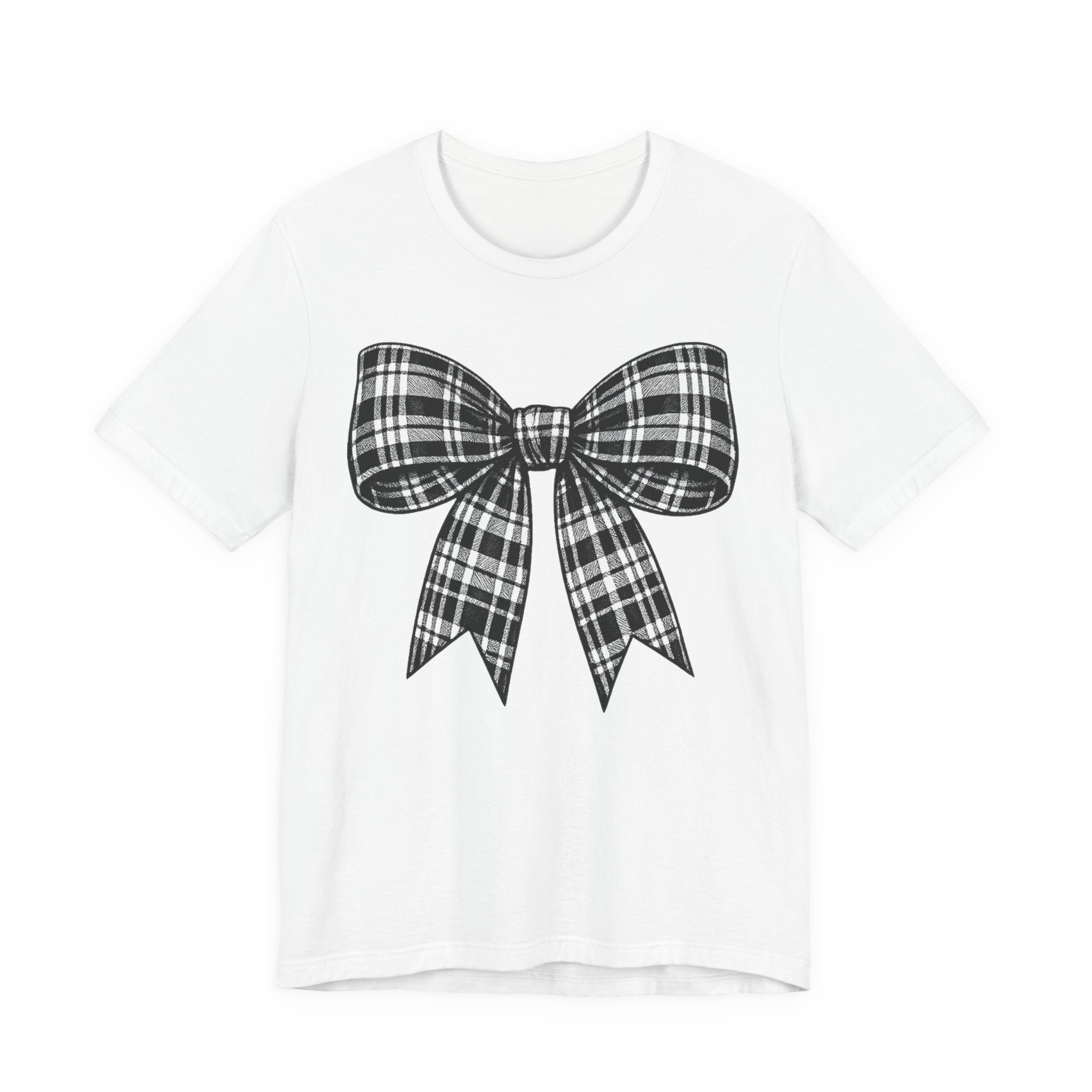 Plaid Bow Graphic Tee — Vintage Black & White Ribbon T-Shirt