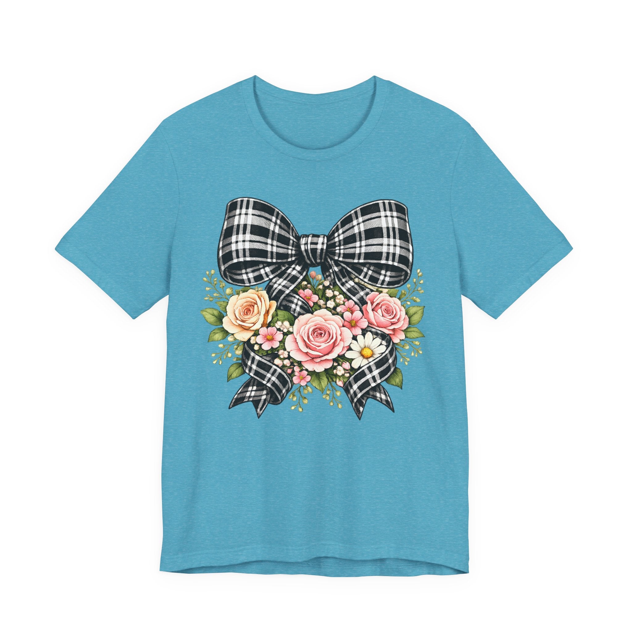 Floral Plaid Bow T‑Shirt — Vintage Rose Bouquet Graphic Tee