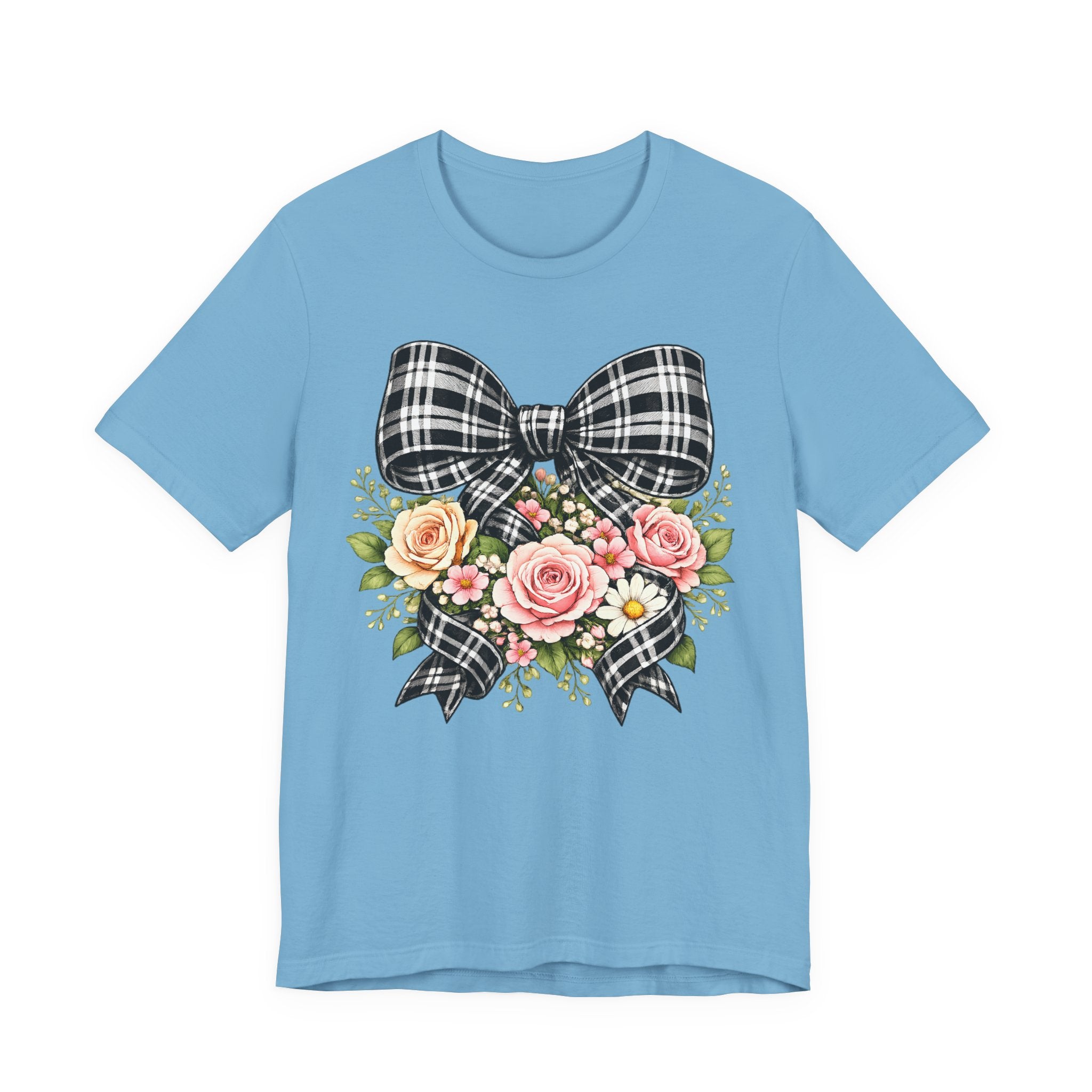 Floral Plaid Bow T‑Shirt — Vintage Rose Bouquet Graphic Tee