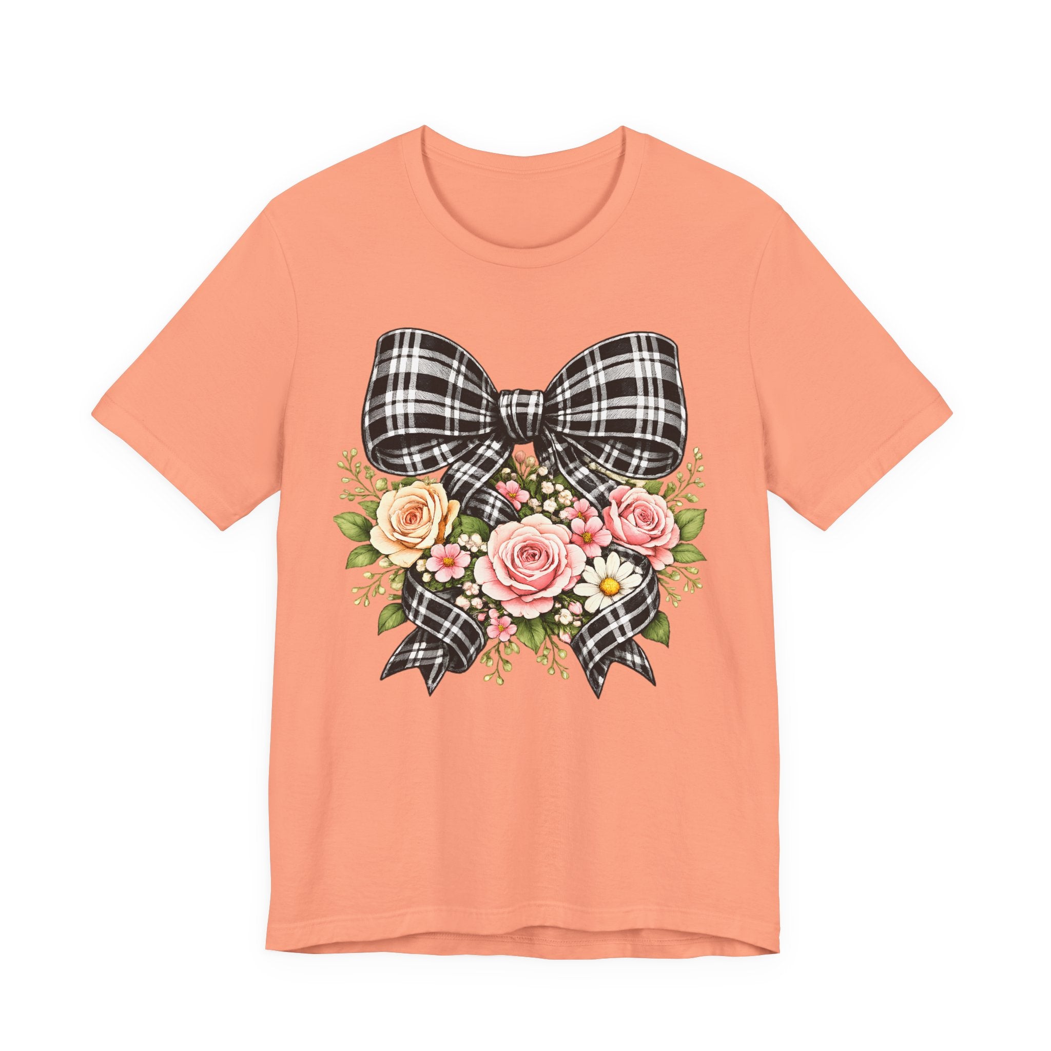 Floral Plaid Bow T‑Shirt — Vintage Rose Bouquet Graphic Tee