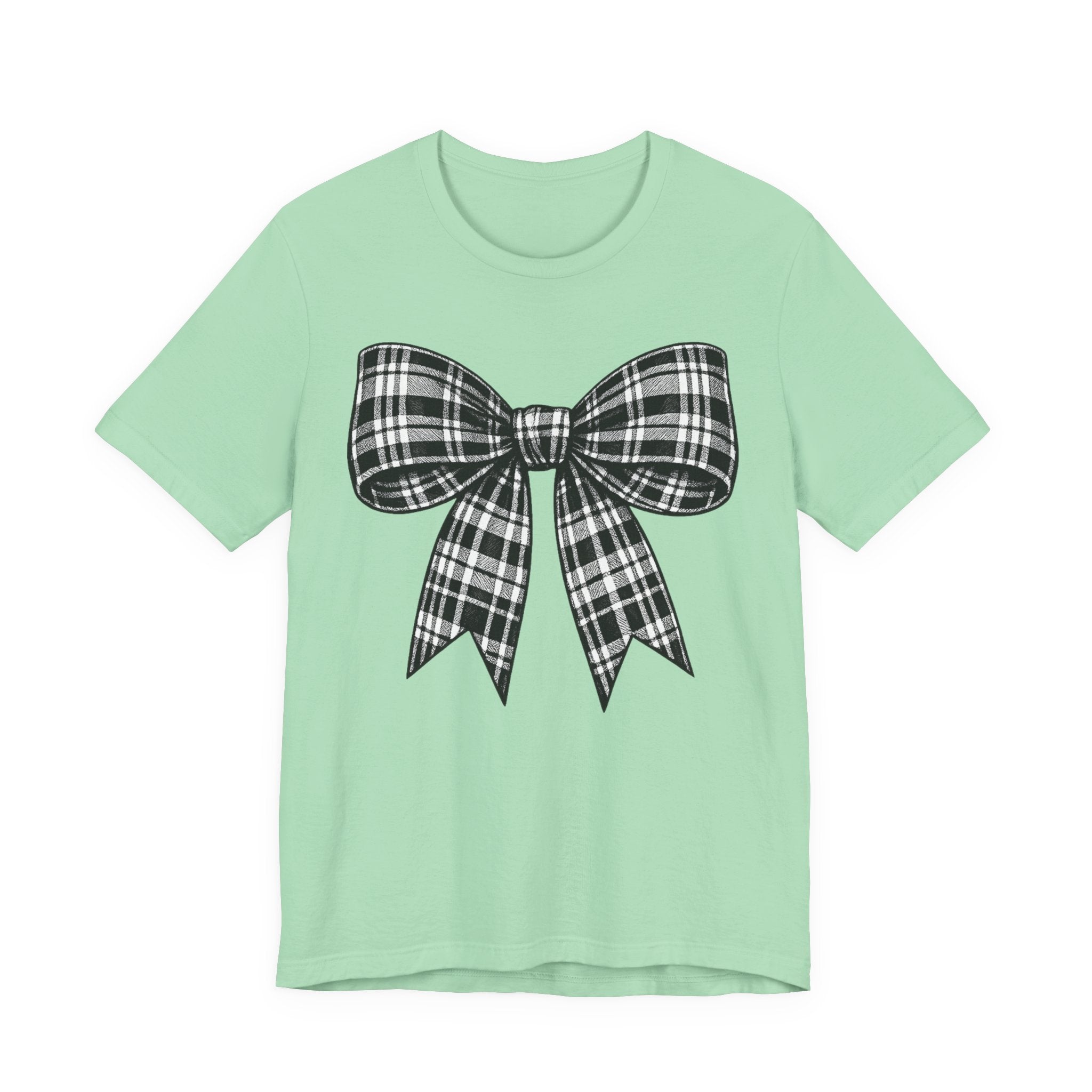 Plaid Bow Graphic Tee — Vintage Black & White Ribbon T-Shirt