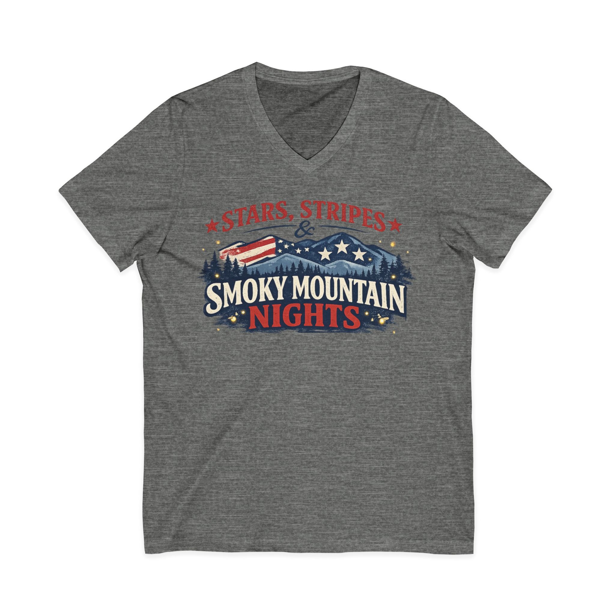 Smoky Mountain Nights V-Neck Tee — Stars, Stripes & Smoky Mountain Design