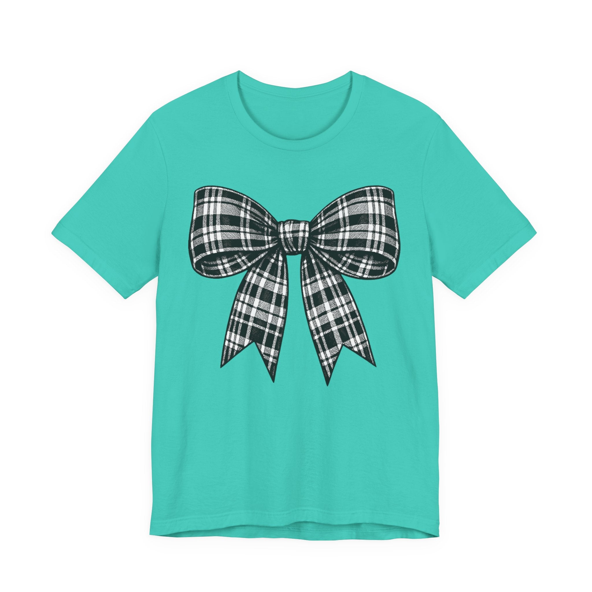 Plaid Bow Graphic Tee — Vintage Black & White Ribbon T-Shirt