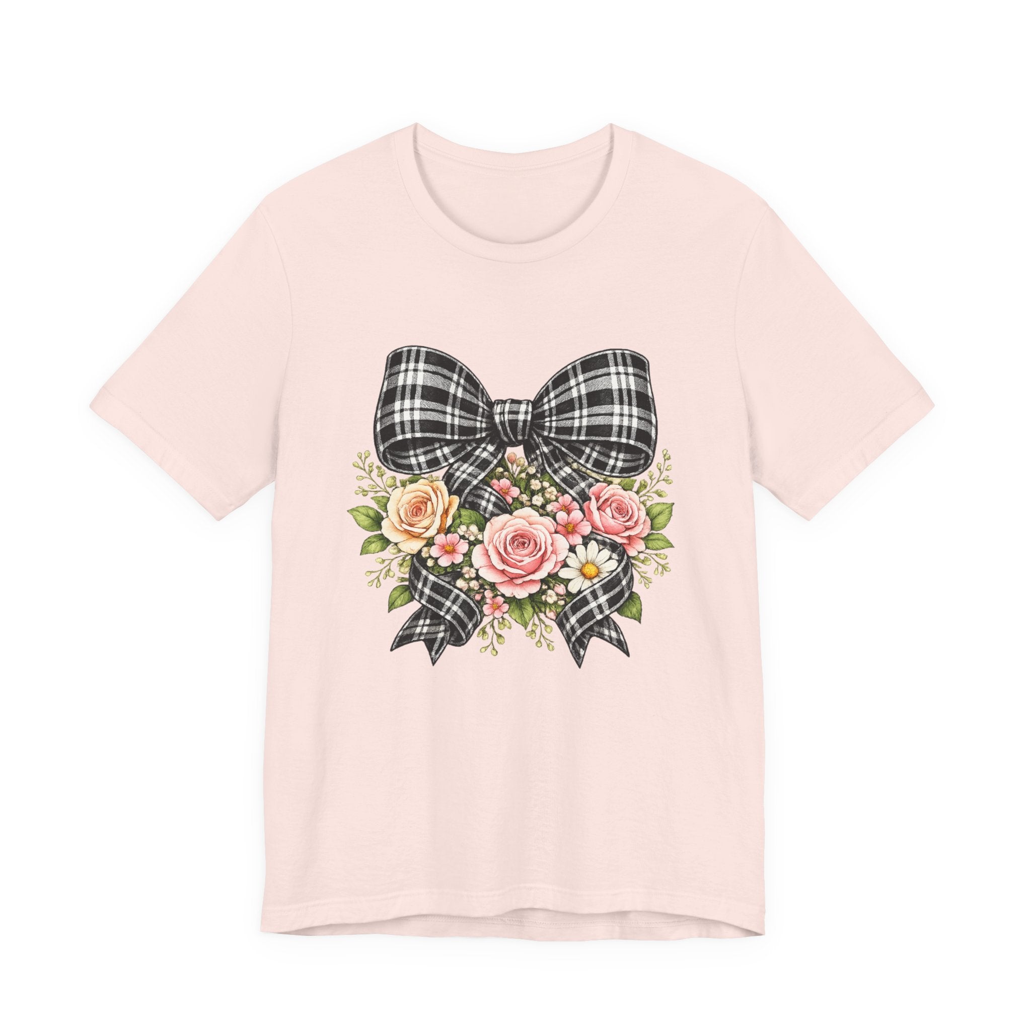 Floral Plaid Bow T‑Shirt — Vintage Rose Bouquet Graphic Tee
